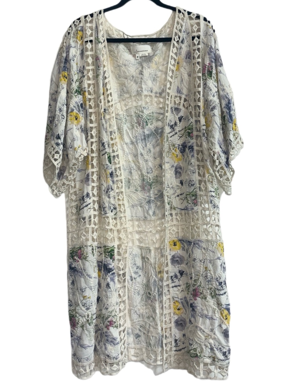 Anthropologie Lace Inset Kimono Women's ONE SIZE Cream,Yellow,Blue Multi Color